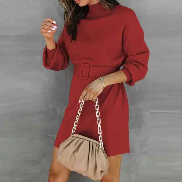 Turtleneck Sweater Dress with Belt