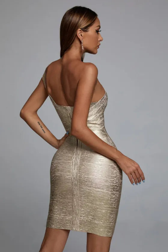 One Shoulder Foiling Gold Print Bandage Dress