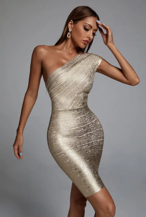 One Shoulder Foiling Gold Print Bandage Dress