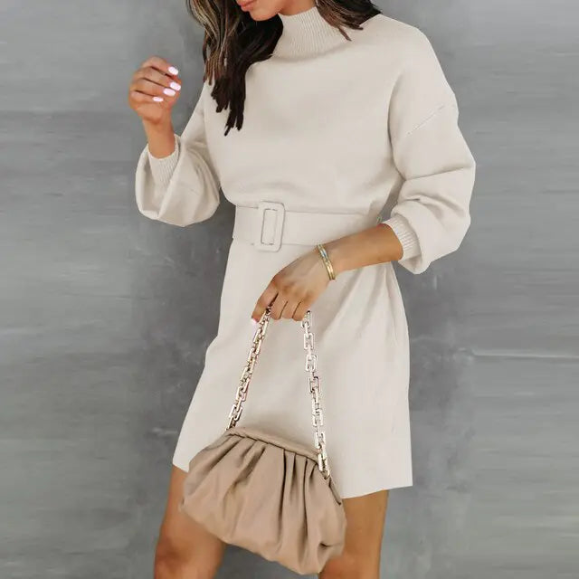 Turtleneck Sweater Dress with Belt