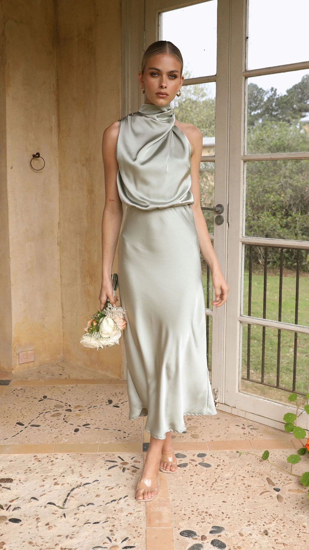 Mature Elegant Sleeveless Satin Dress