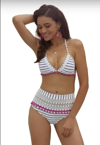 Bikini Pom Pom Rayé Bleu Blanc