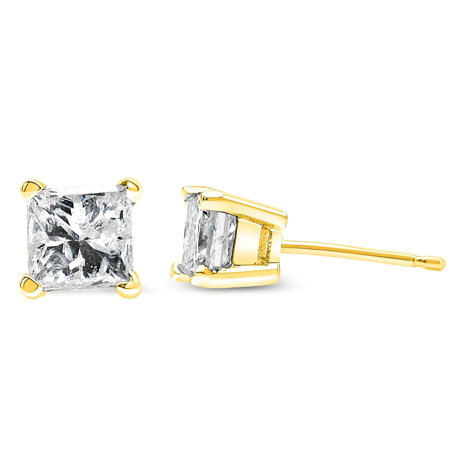 AGS Certified Princess-Cut Square Diamond 4-Prong Solitaire Stud Earrings in 14K Yellow Gold (L-M Color, SI1-SI2 Clarity)