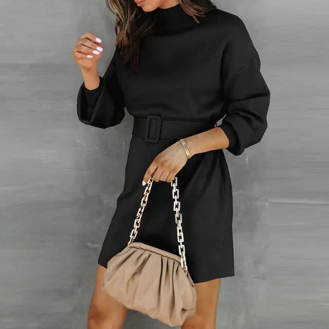 Turtleneck Sweater Dress with Belt