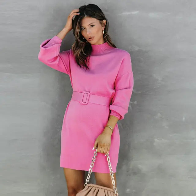 Turtleneck Sweater Dress with Belt