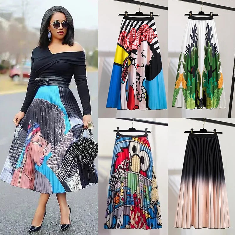 Women's Cartoon Printed Pleated Skirt