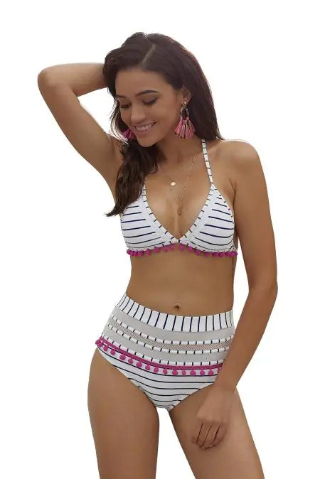 Bikini Pom Pom Rayé Bleu Blanc