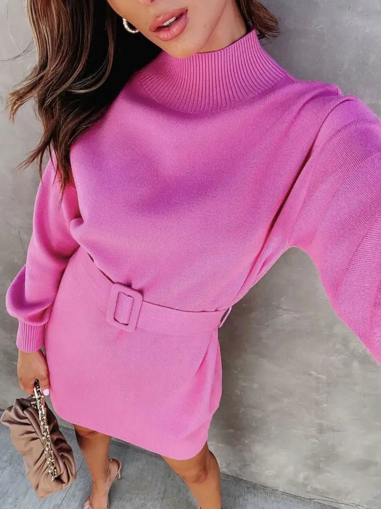 Turtleneck Sweater Dress with Belt